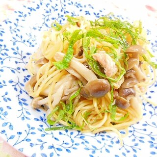 ❤ツナと茸の山葵だし醤油・大葉のせパスタ❤